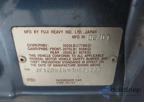 2007 Subaru Impreza 2.5I from USA, damaged, VIN JF1GD61647H521233